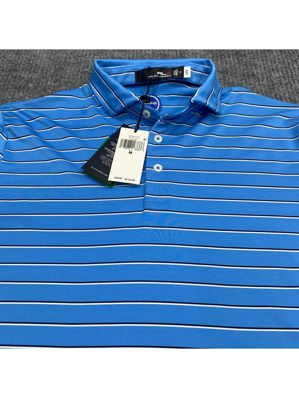 NWT Ralph Lauren RLX Polo Shirt Mens Medium Blue Stripe Wicking Performance Golf